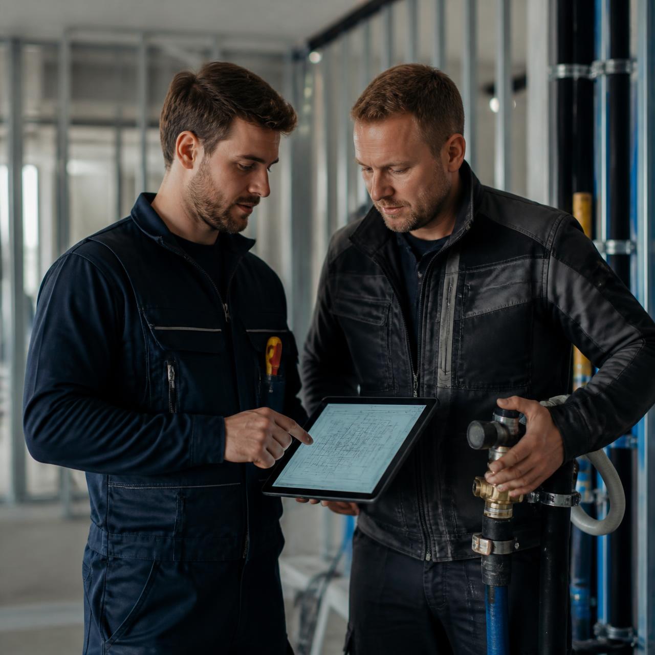 Deutsche Handwerker auf einer modernen Baustelle besprechen digitale Pläne